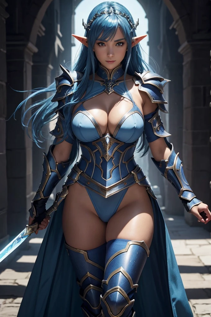8K、A dark elf paladin in gorgeous blue and white chest armor.、Super Beauty(Realistic)、Tan Skin、Elf Ears、Model Chute Style、(非常にdetailedなCGユニティ8K壁紙)、Full body photos of the most beautiful works of art in the world、Front 4 poses、Blue Hair、Gorgeous blue and white combat culottes、diamond、Medieval architecture、Talked about at the art station、CG Trends、detailed、Every detail、Sharp focus、very, very big breasts、blue eyes、Audience、Beautiful expression、Accentuate your cleavage、Beautiful decoration、smile、make、Inside the cave、Tan Skin、Beautiful Blue Hair、Tan Skin、Rich colors、Backlight、Cinema Lighting、Film Grain、50mm lens、Nikon D850、Ultra-high resolution、Ultra-realistic、Dynamic fighting poses、In the dark dungeon、Makeup,Holds a thin blue and silver sword,Tan Skin,very, very big breasts,Holy Knight,