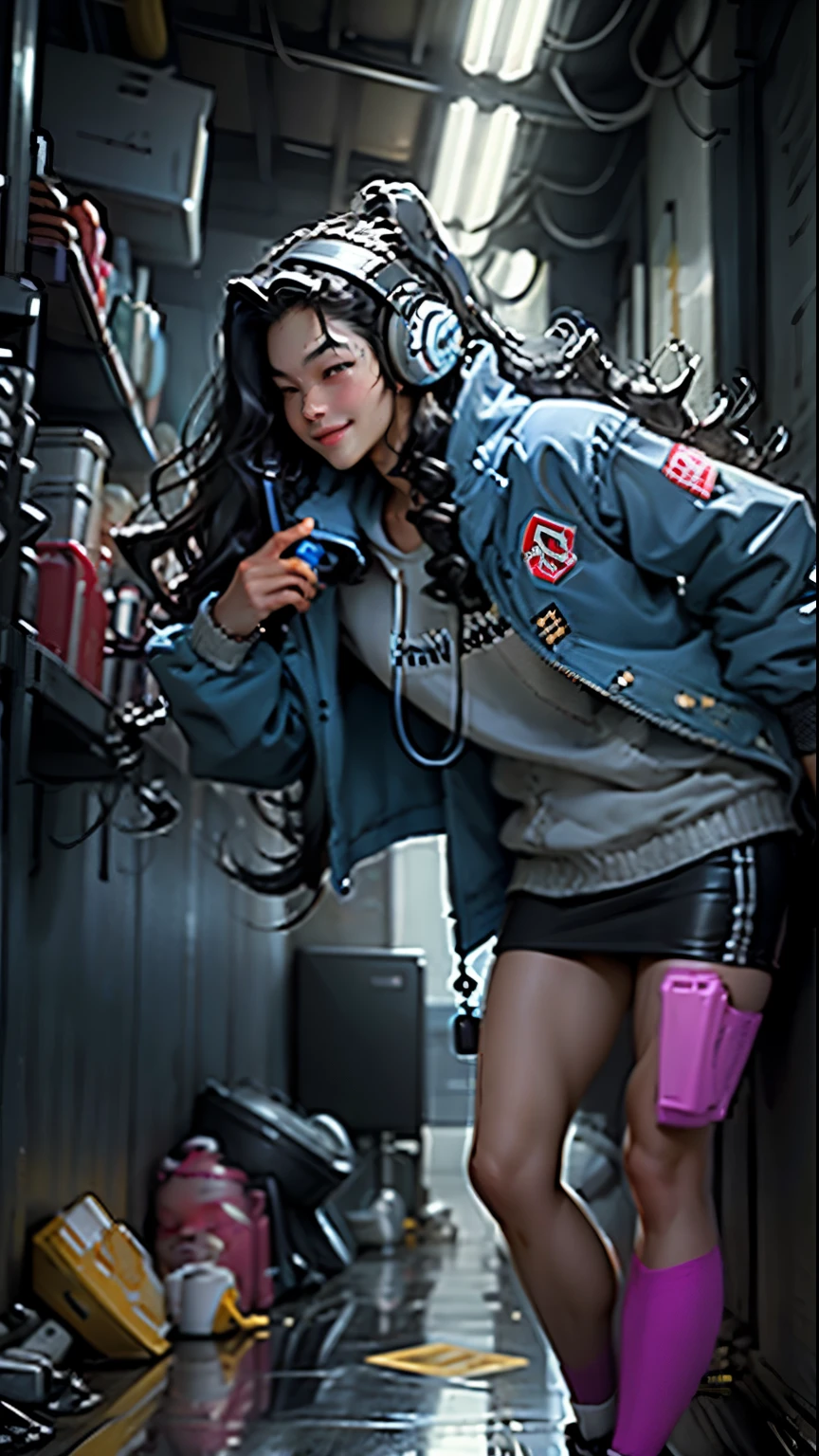 Straight black hair with wavy ends , and strong body with a blue coat with the letter CN, smile on your face looks attractive, playing on cell phone and gamer headphones.