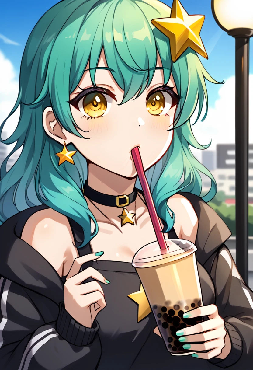 Girl with long dark turquoise hair, yellow eyes, yellow star pin in her head, drinking bubble tea
