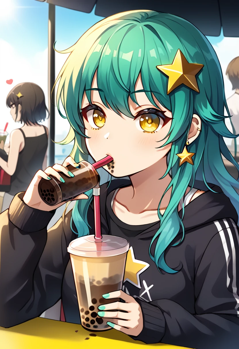 Girl with long dark turquoise hair, yellow eyes, yellow star pin in her head, drinking bubble tea