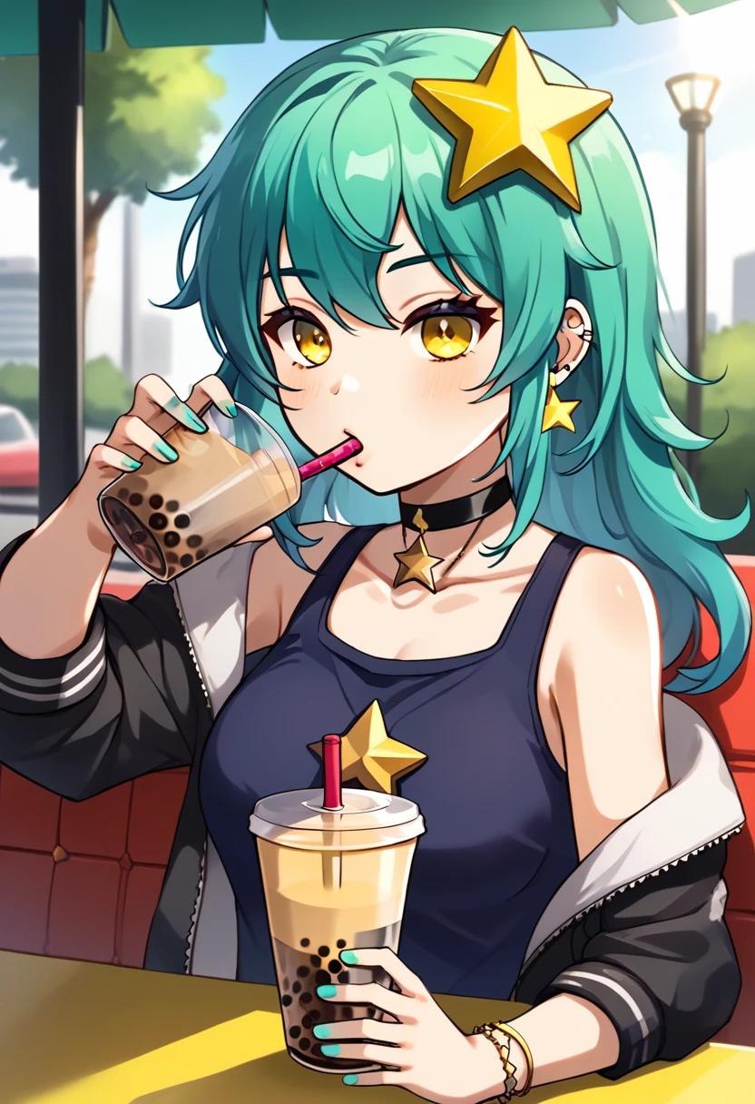 Girl with long dark turquoise hair, yellow eyes, yellow star pin in her head, drinking bubble tea