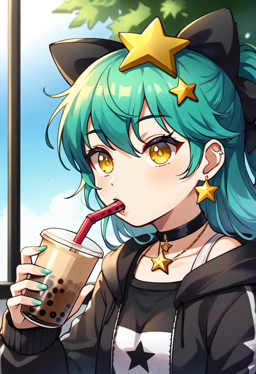 Girl with long dark turquoise hair, yellow eyes, yellow star pin in her head, drinking bubble tea