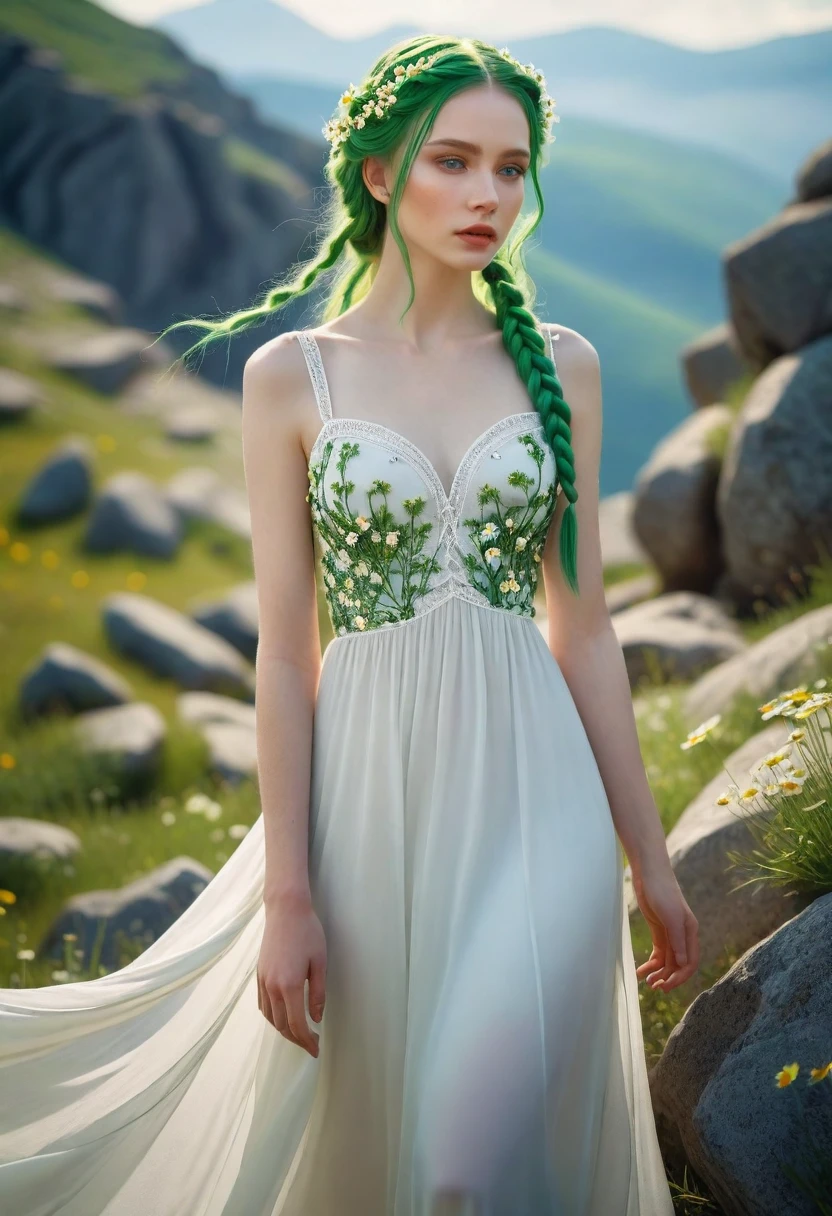 a beautiful woman with pale skin, with green braids growing many daisies, a woman in a white dress, slender, walking on mountain rocks, masterpiece, (best quality,4k,8k,highres,masterpiece:1.2),ultra-detailed,(realistic,photorealistic,photo-realistic:1.37),detailed eyes,detailed lips,extremely detailed face,longeyelashes,natural lighting,vivid colors,intricate details,fantasy portrait,ethereal,serene,detailed skin texture,flowing dress,delicate flowers