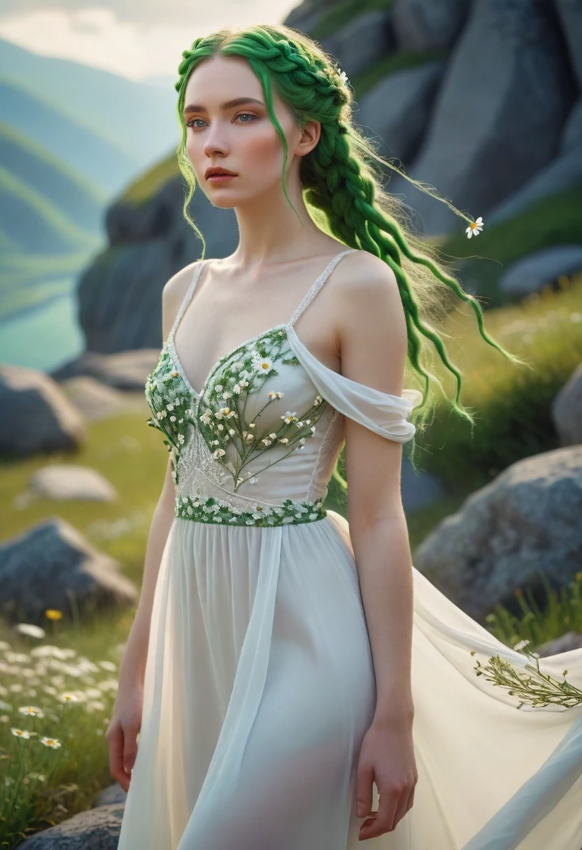 a beautiful woman with pale skin, with green braids growing many daisies, a woman in a white dress, slender, walking on mountain rocks, masterpiece, (best quality,4k,8k,highres,masterpiece:1.2),ultra-detailed,(realistic,photorealistic,photo-realistic:1.37),detailed eyes,detailed lips,extremely detailed face,longeyelashes,natural lighting,vivid colors,intricate details,fantasy portrait,ethereal,serene,detailed skin texture,flowing dress,delicate flowers