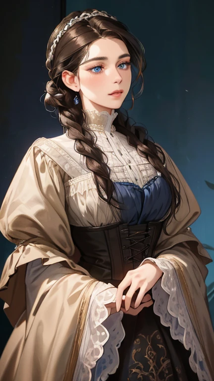 a highly detailed and intricate portrait of a noble woman with vibrant dark hair styled in a delicate braid, set against the backdrop of Europe in the 18th century victorian era, blue eyes,masterfully rendered with exceptional realism, dramatic lighting, and exquisite attention to detail, 8k resolution, best quality, complex design, enlarged texture, photorealistic