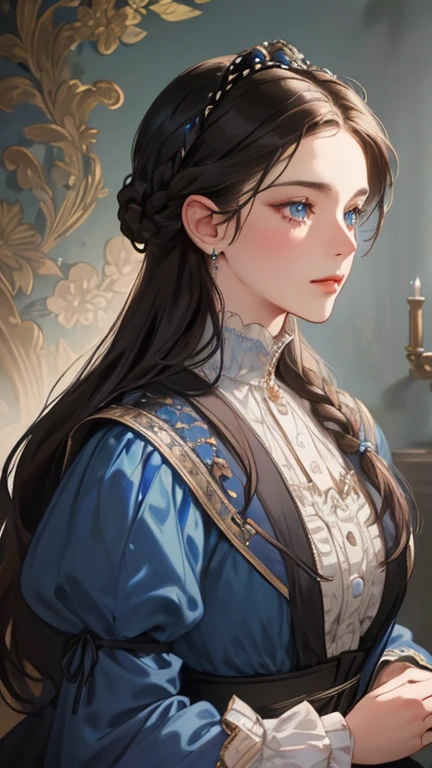 a highly detailed and intricate portrait of a noble woman with vibrant dark hair styled in a delicate braid, set against the backdrop of Europe in the 18th century victorian era, blue eyes,masterfully rendered with exceptional realism, dramatic lighting, and exquisite attention to detail, 8k resolution, best quality, complex design, enlarged texture, photorealistic
