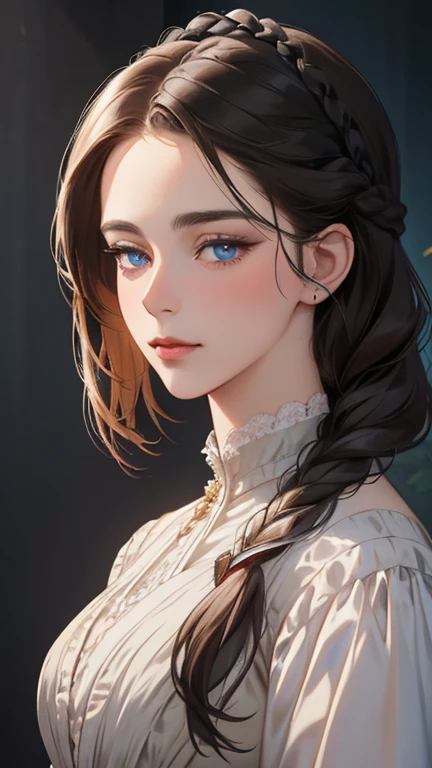 a highly detailed and intricate portrait of a noble woman with vibrant dark hair styled in a delicate braid, set against the backdrop of Europe in the 18th century victorian era, blue eyes,masterfully rendered with exceptional realism, dramatic lighting, and exquisite attention to detail, 8k resolution, best quality, complex design, enlarged texture, photorealistic