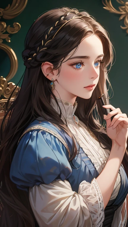 a highly detailed and intricate portrait of a noble woman with vibrant dark hair styled in a delicate braid, set against the backdrop of Europe in the 18th century victorian era, blue eyes,masterfully rendered with exceptional realism, dramatic lighting, and exquisite attention to detail, 8k resolution, best quality, complex design, enlarged texture, photorealistic
