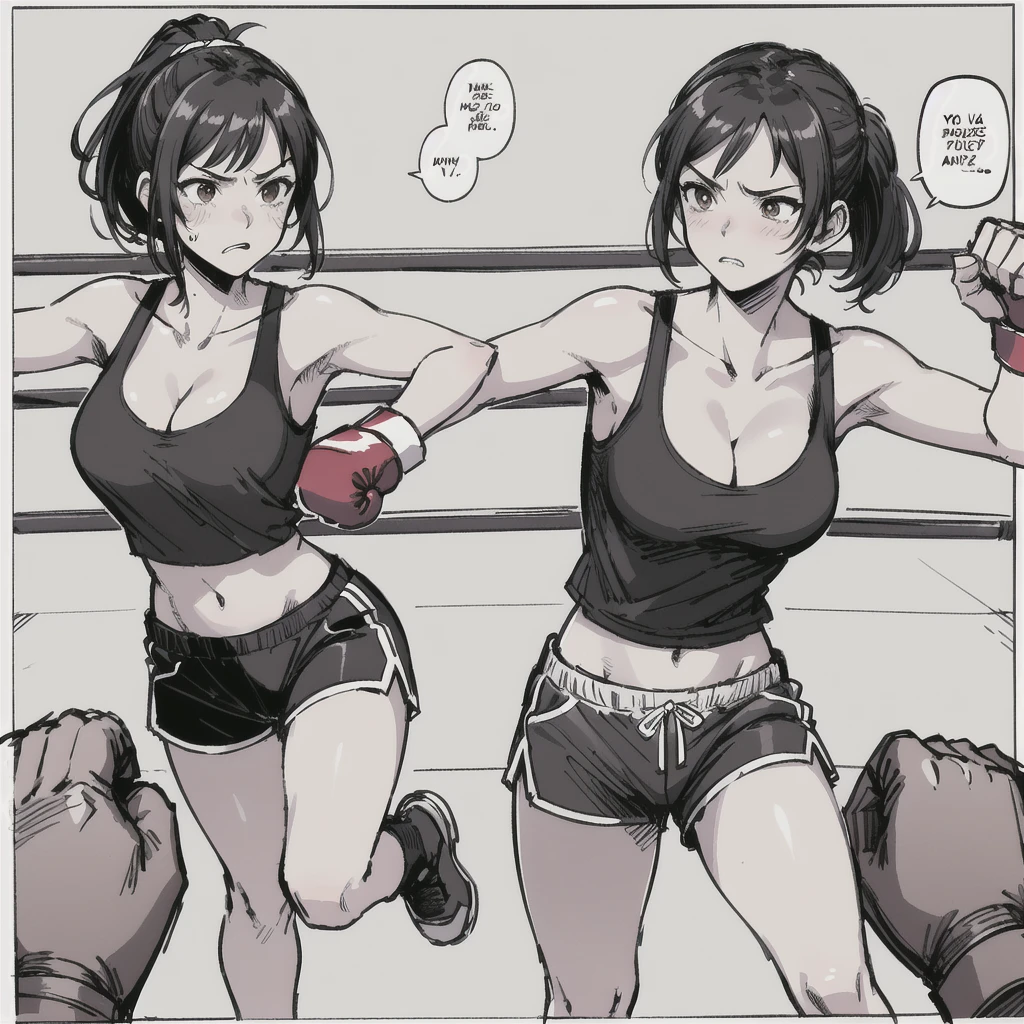 masterpiece, best quality, 1girl, short medium black hair in ponytail, brown eyes, black tank top, large breasts, cleavage, black striped shorts, (Text Bubble), comic about boxing match, looking straight ahead, fighting pov, looking at camera, fight, punched in stomach, hurt, pouty face, boxing ring, Border, (profiles:0.3), 4 panels,  POV, 1 girl, fighting pov