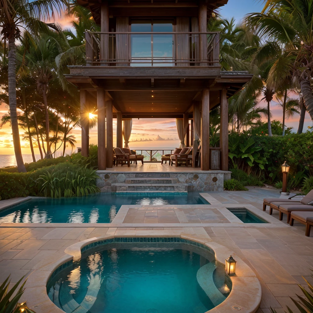 An exotic and luxurious resort,overlooking a stunning sunrise,beachfront property,majestic palm trees,crystal clear water,private villas with infinity pools,outdoor jacuzzi,spacious sun deck,panoramic ocean view,serene and tranquil atmosphere,luxurious spa treatments,world-class restaurants and bars,exclusive beach access,24-hour concierge service,premium amenities,meticulously designed interiors,elegant and modern architecture,impeccable attention to detail,seamless blend of nature and luxury,exquisite landscaping,artistic sculptures,impressive entrance,opulent furnishings and decor,illuminated pathways,golden hues of the sunrise,soft warm lighting,romantic ambiance,sensory indulgence,refined artwork,hint of tropical fragrance,unforgettable experience,premium quality,4k resolution,ultra-detailed,realistic portrayal,vibrant colors and textures,expertly captured lighting and shadows,photorealistic rendering,stunning visual effects.