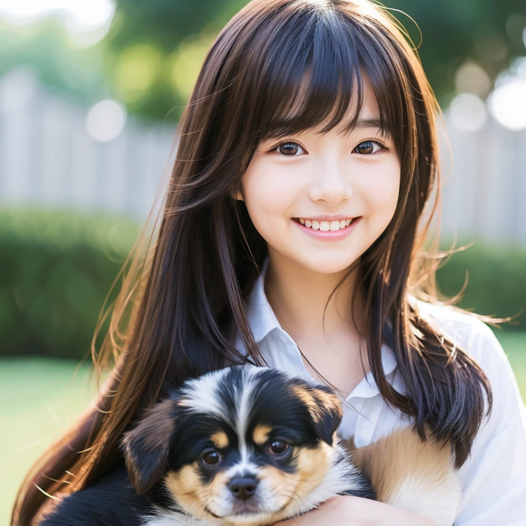 Create an anime-style portrait of a Japanese girl。Her hair is dark brown、Let it flow naturally。The girl has a gentle smile。She looks loving、Holding a cute dog、It&#39;s a scene that evokes warmth and camaraderie.。Background、It should be a blend of warm and cool colors that complement the overall composition.。She is wearing a light blue dress with intricate details.、Gives an elegant impression。The overall atmosphere of the piece is bright and attractive.、Capture the girl&#39;s kind and friendly personality。