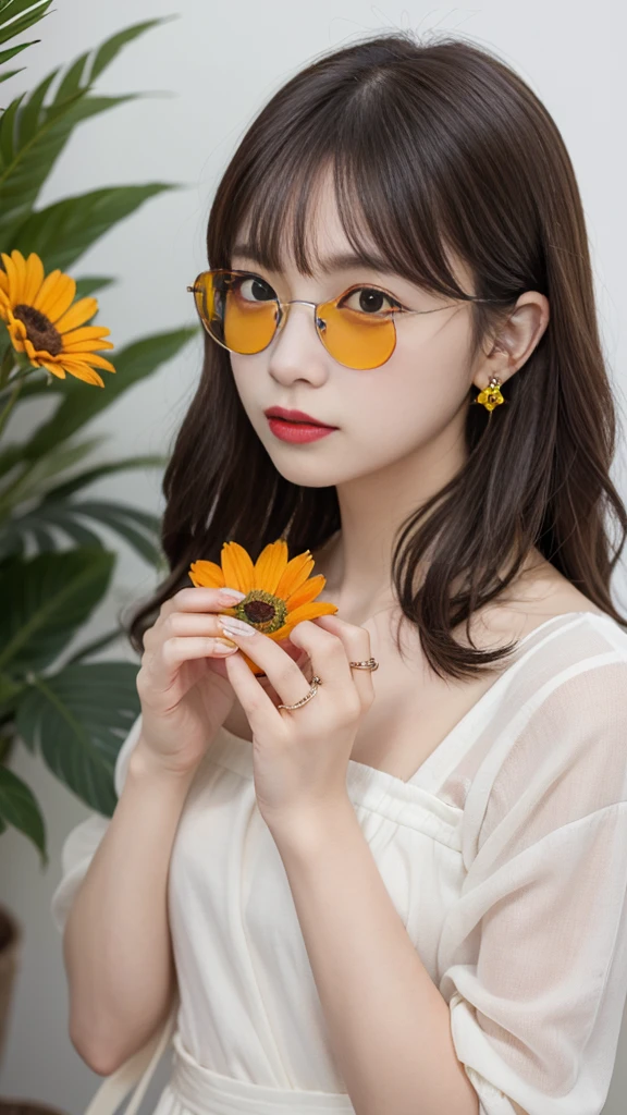 Absurd, High resolution, Super detailed, One girl, alone, Very fine grain, Starfish, seashell, shell, flower, Have, hair ornaments, jewelry, straw Have, View your viewers, sunglasses, Have flower, straw, Hair Clip, earrings, red flower, Colored glasses, yellow flower, bangs, English text, Multicolored Hair, orange flower, Black Hair, ring, cup, Long Hair, orange-Colored glasses, food, Brown Hair, Portraiture, shell hair ornaments