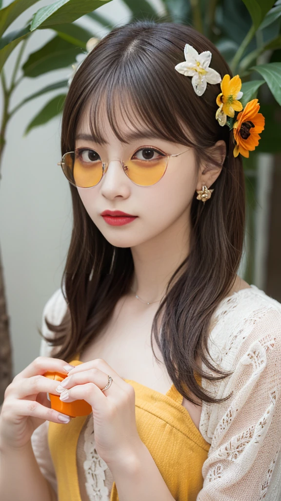 Absurd, High resolution, Super detailed, One girl, alone, Very fine grain, Starfish, seashell, shell, flower, Have, hair ornaments, jewelry, straw Have, View your viewers, sunglasses, Have flower, straw, Hair Clip, earrings, red flower, Colored glasses, yellow flower, bangs, English text, Multicolored Hair, orange flower, Black Hair, ring, cup, Long Hair, orange-Colored glasses, food, Brown Hair, Portraiture, shell hair ornaments
