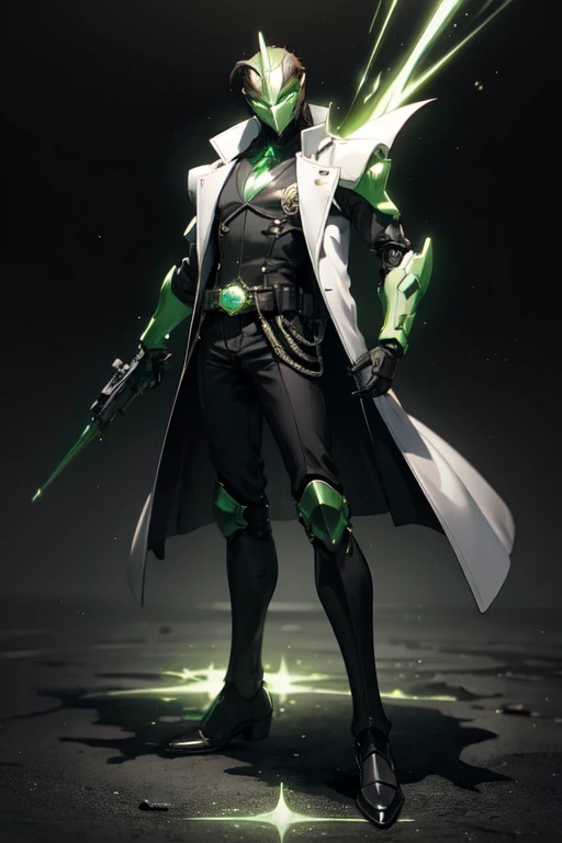 ((best quality)), ((masterpiece)), (detailed), 1 man, full body, 30s, masked, long brown hair slicked back, white superhero mask with green details, small diamond on forehead, glowing green eyes, black collar, tall, thin, long dark grey trench coat, open grey trench coat showing his chest, black gloves, grey wristbands, suit, white shirt, dark green suit vest, black pants, grey knee pads, metallic black shoes, belt, robot army behind him, floating, green flashes of light, background with green lights, anime