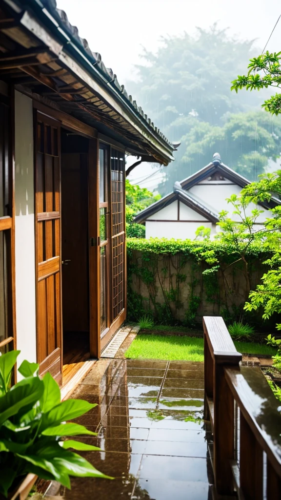 rain、Fresh greenery seen from an old house

