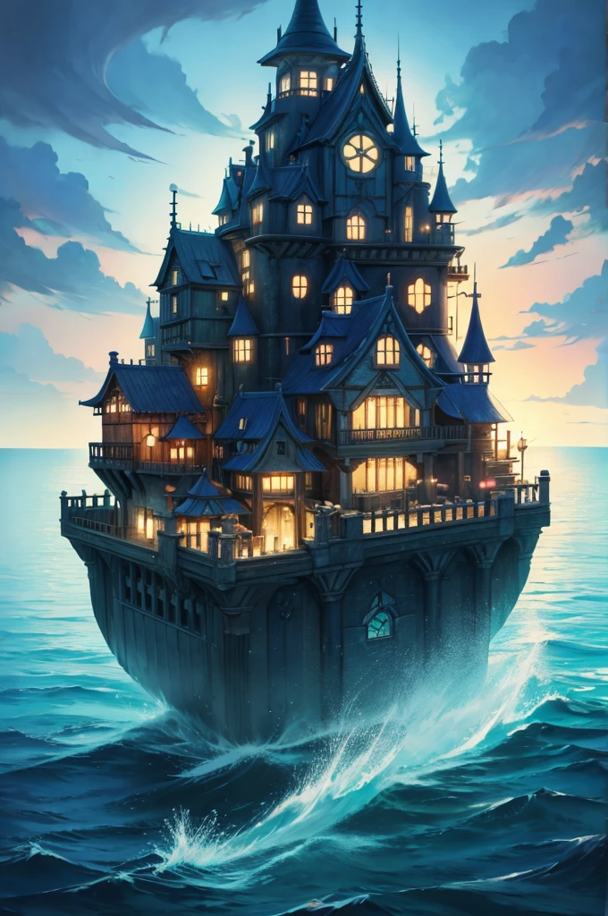 Color (Fantasy: 1.2), (Hayao Miyazaki style), (irregular building floating in the sea), patchwork cottages, flower decorations, lights, concept art inspired by Andreas Rocha, Artstation contest winner, Fantasy art, (underwater city), ross tran, light shafts, realistic lighting, masterpiece, high quality, beautiful graphics, high detail, masterpiece, high quality, beautiful graphics, high detail, 