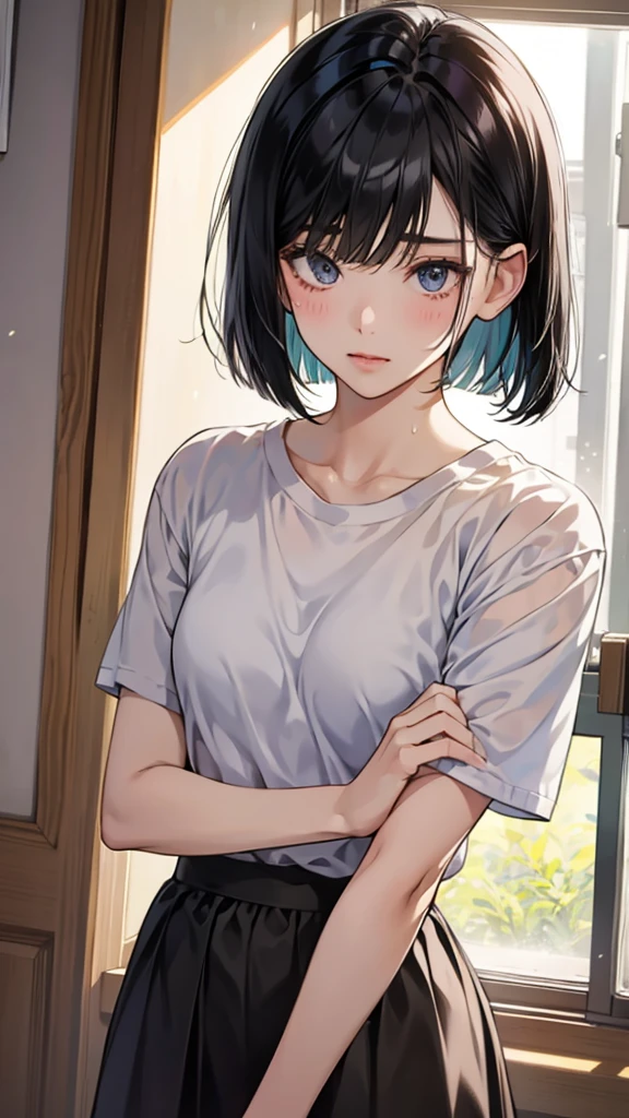 high school girl、Black hair bob cut、sweat、one&#39;s home、Midnight、Dark Room、kitchen、refrigerator、table、ramen、Fried rice、blush、cute、