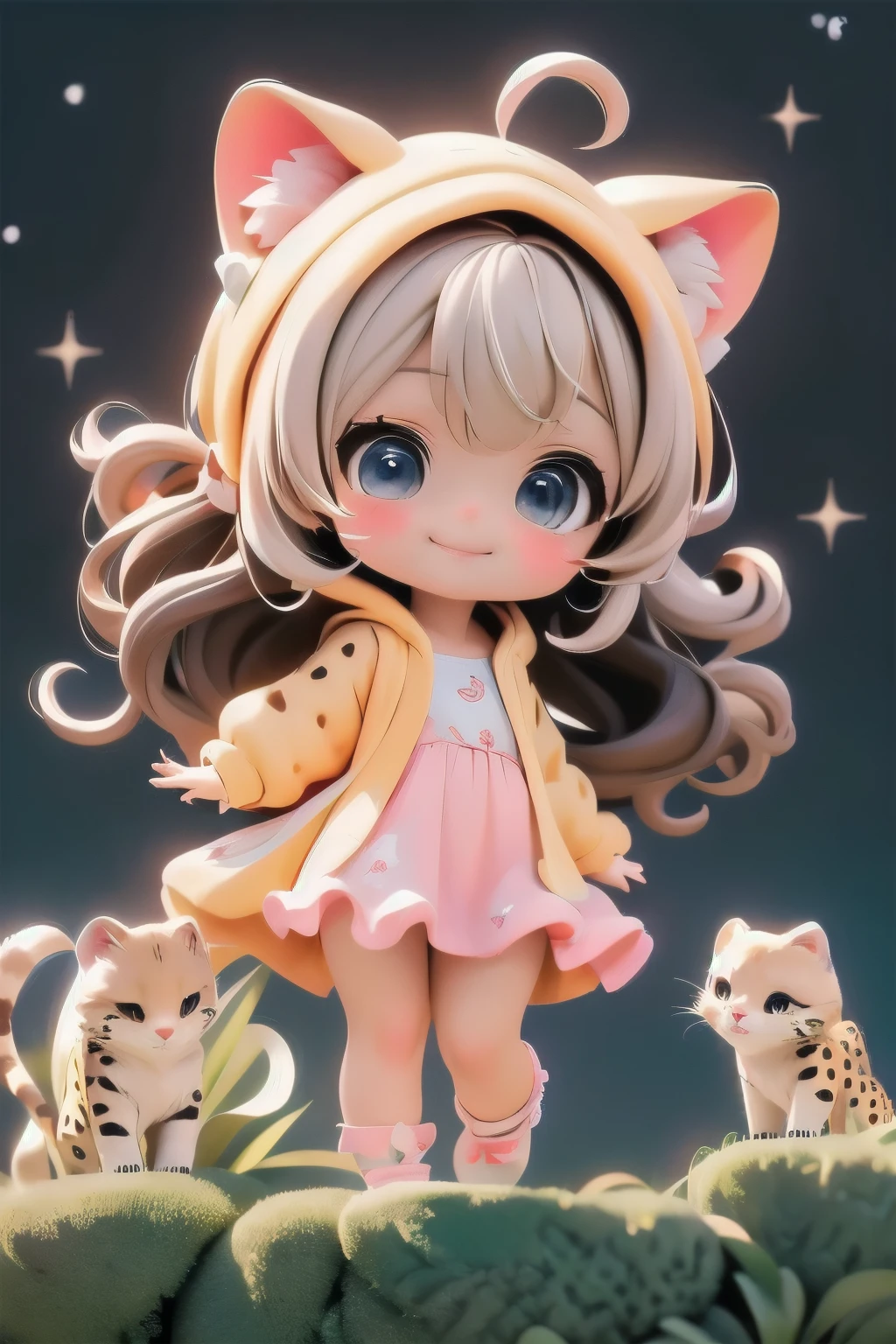 cute chibi girl smiling wearing a (cheetah kigurumi), jumping in the air, location garden at night, garden outdoors, starry sky, moon, angle from below