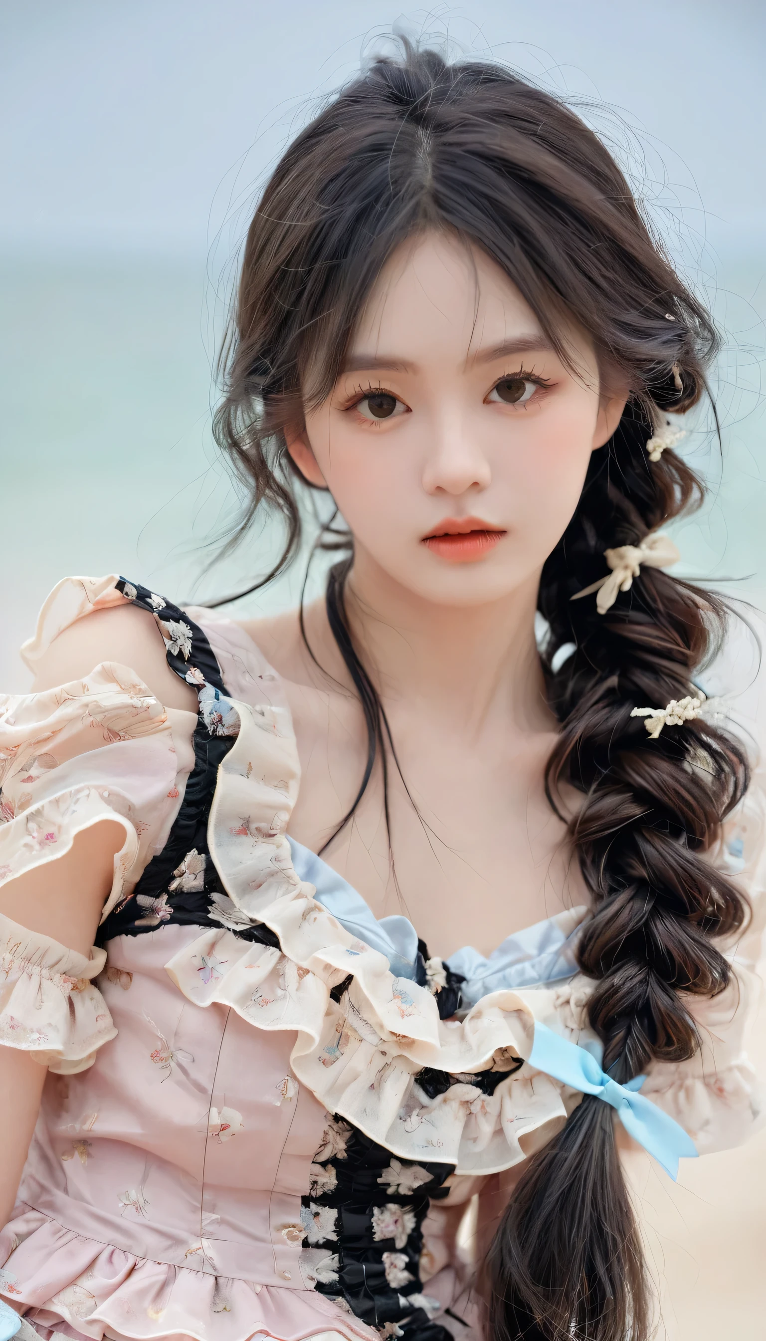 best quality, Super No, Reality, Photography of a beautiful woman, 30 years old teenage years, Delicate face, Black messy fishtail braid, (Delicate porcelain doll,Elaborate clothing with lots of ruffles and ribbons), beach, (Close-up of face), Attractive appearance, Looking at the audience