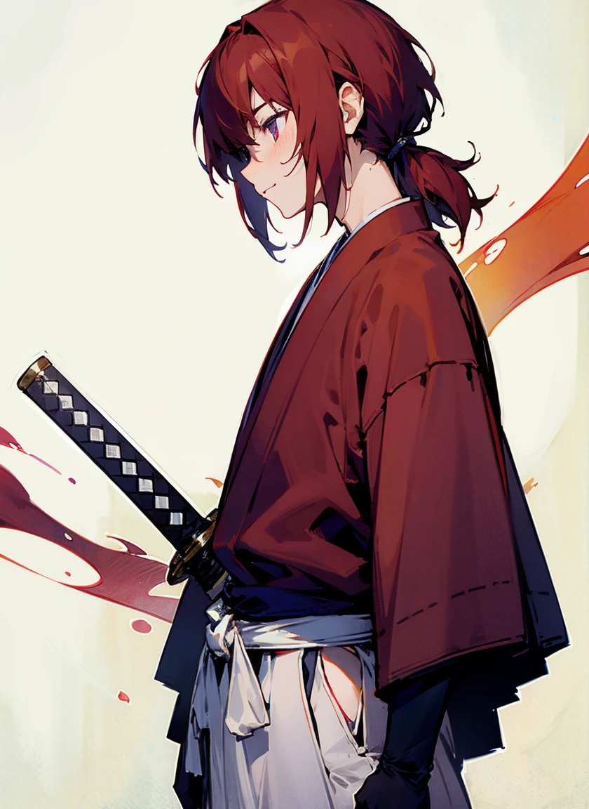 1 male , Medium length hair , Shaggy Hair , Crimson Hair , Crimson Eyes , Red and white yukata, Samurai costume , Sword on waist , Sword on waistの柄を , Walking through the village, Happy expression, Adult male , sunny day background , Village Background