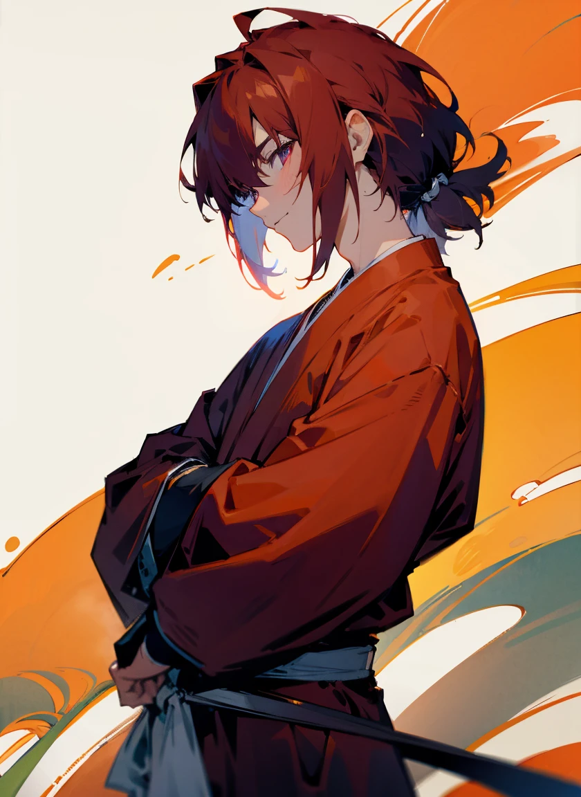 1 male , Medium length hair , Shaggy Hair , Crimson Hair , Crimson Eyes , Red and white yukata, Samurai costume , Sword on waist , Sword on waistの柄を , Walking through the village, Happy expression, Adult male , sunny day background , Village Background