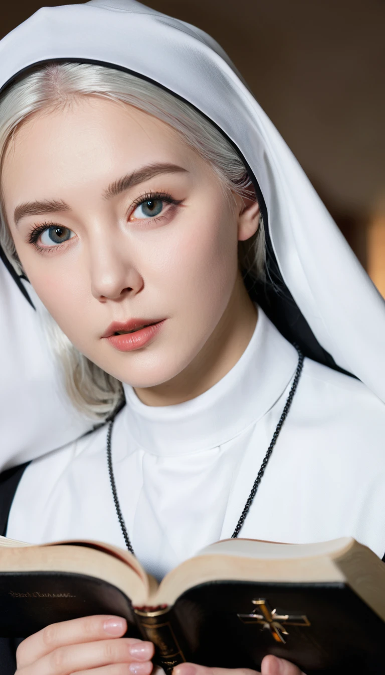 nun, cross, bible, white hair, church, realistic and detailed eyes