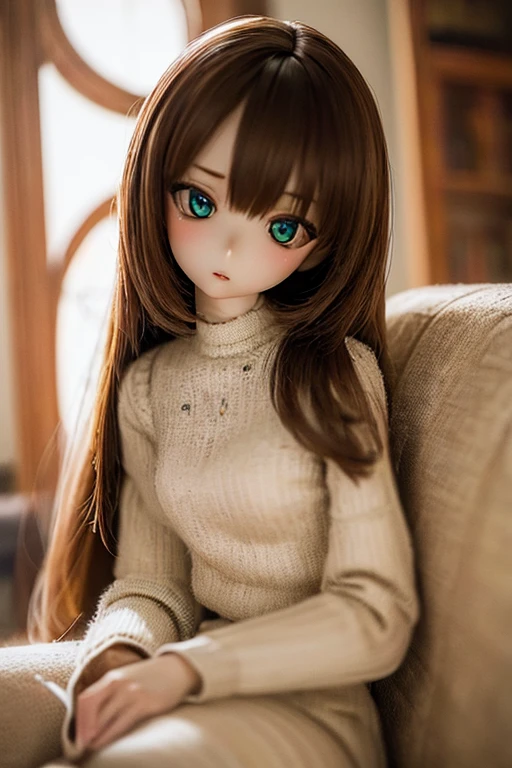 photorealistic, realistic photo, ((highest quality)), ((masterpiece)), kukolnydom, doll, (mature woman:1.6), solo, ((eye level shot, sitting on sofa, reclining on sofa, skinny, slender, slim, brown hair, parted lips)), detailed face, green eyes, (looking down:1.3), (eyes out of focus, emotionless eyes, blank stare, empty eyes, detailed eyes), museum, 8k