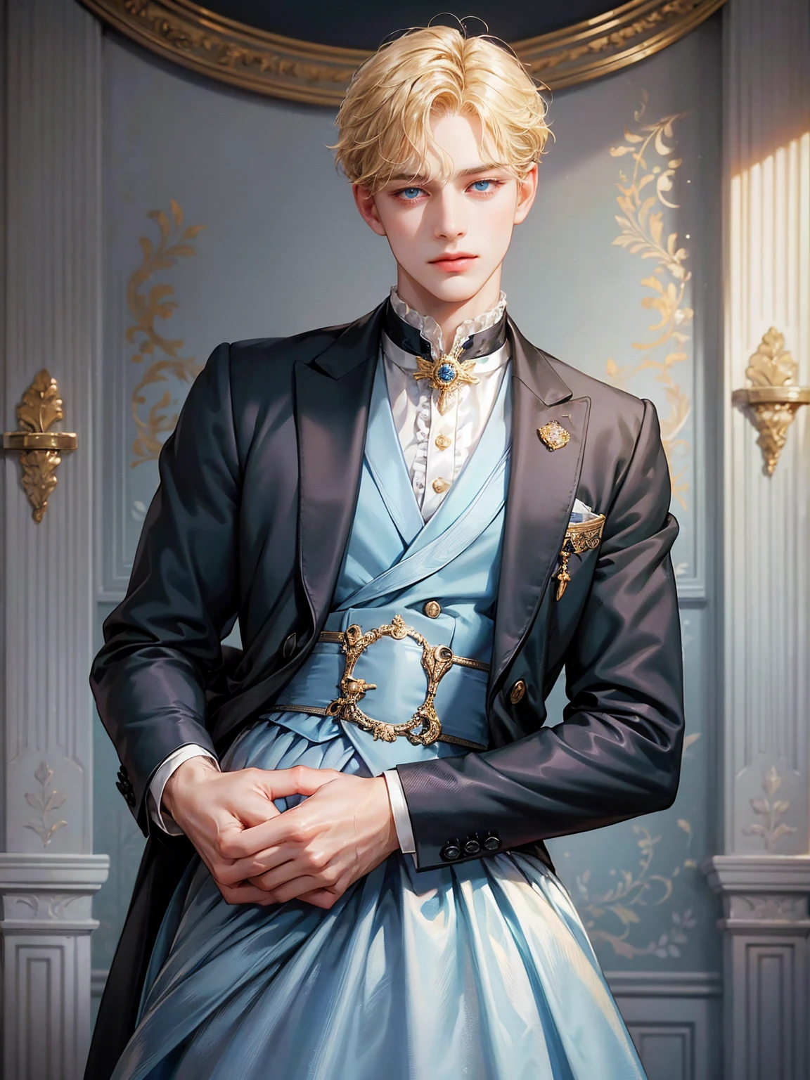 A boy, short blonde hair, wavy hair, sky blue eyes. He wears a black victorian-era man's suit. Handsome boy, detailed eyes, detailed face, detailed hands. He looks at the viewer. He has his hands behind his back. Background inside of a hall