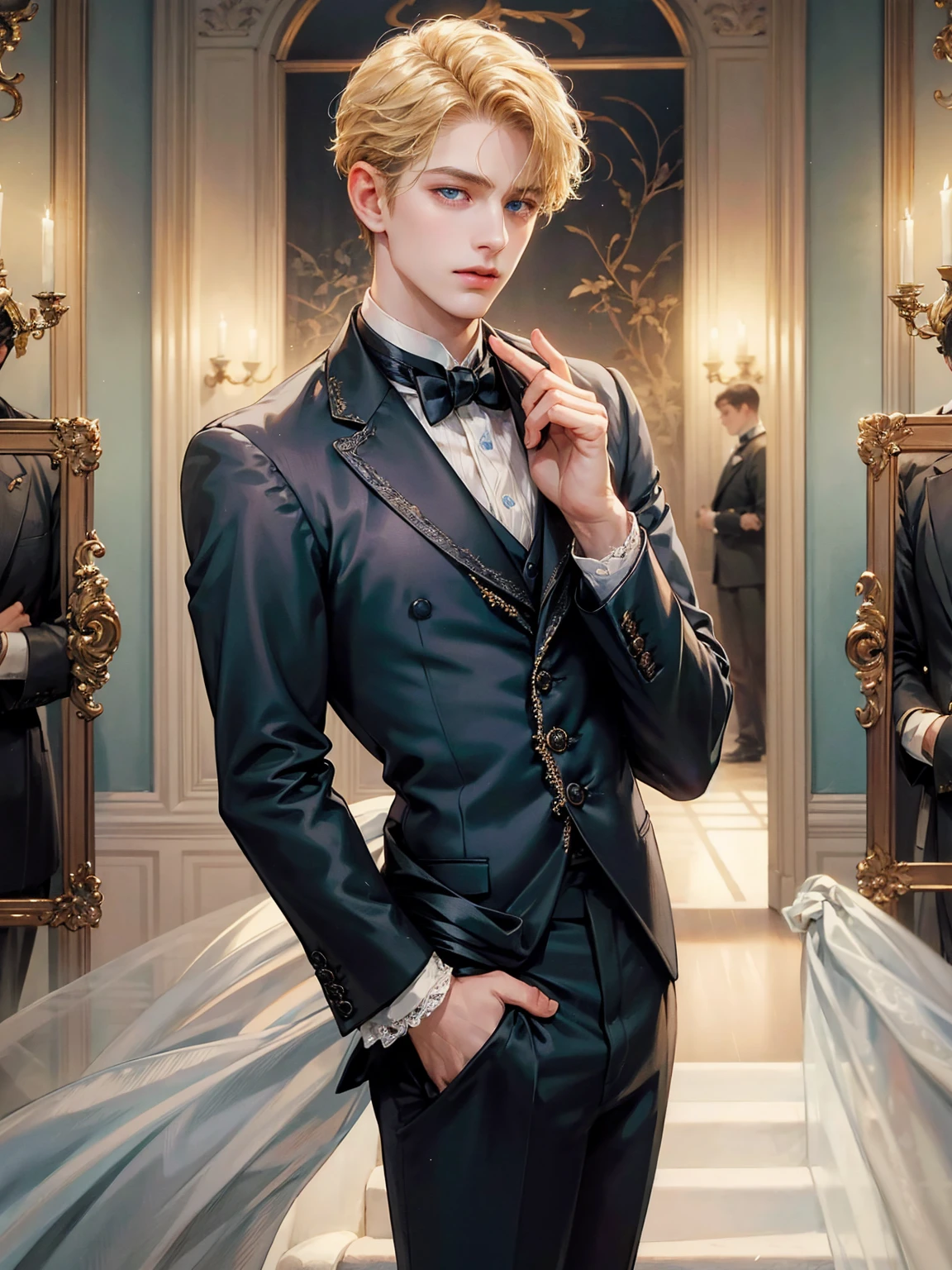 A boy, short blonde hair, wavy hair, sky blue eyes. He wears a black victorian-era man's suit. Handsome boy, detailed eyes, detailed face, detailed hands. He looks at the viewer. He has his hands behind his back. Background inside of a hall