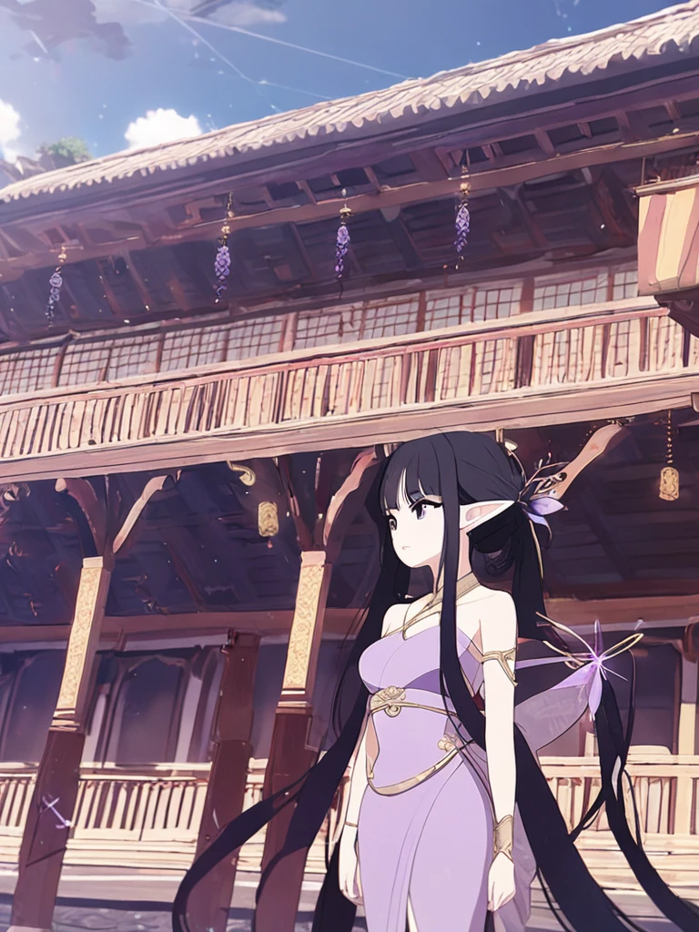 1woman, violet sparks, elven, black hair, multiple twin tail hairstyle, bangs hair, black eyes, building, elegant, traditional thai costume,