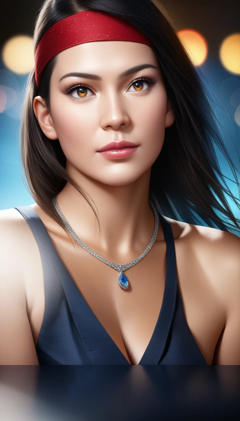 A woman with straight shoulder-length black hair, adorned with a red headband, tailored navy blue blazer over a white blouse, matching navy blue midi skirt, black high heels, silver necklace, beautiful detailed eyes, beautiful detailed lips, extremely detailed eyes and face, long eyelashes, (best quality, 4k, 8k, highres, masterpiece:1.2), ultra-detailed, (realistic, photorealistic, photo-realistic:1.37), HDR, UHD, studio lighting, ultra-fine painting, sharp focus, physically-based rendering, extreme detail description, professional, vivid colors, bokeh, photography, business attire, elegant fashion, natural lighting