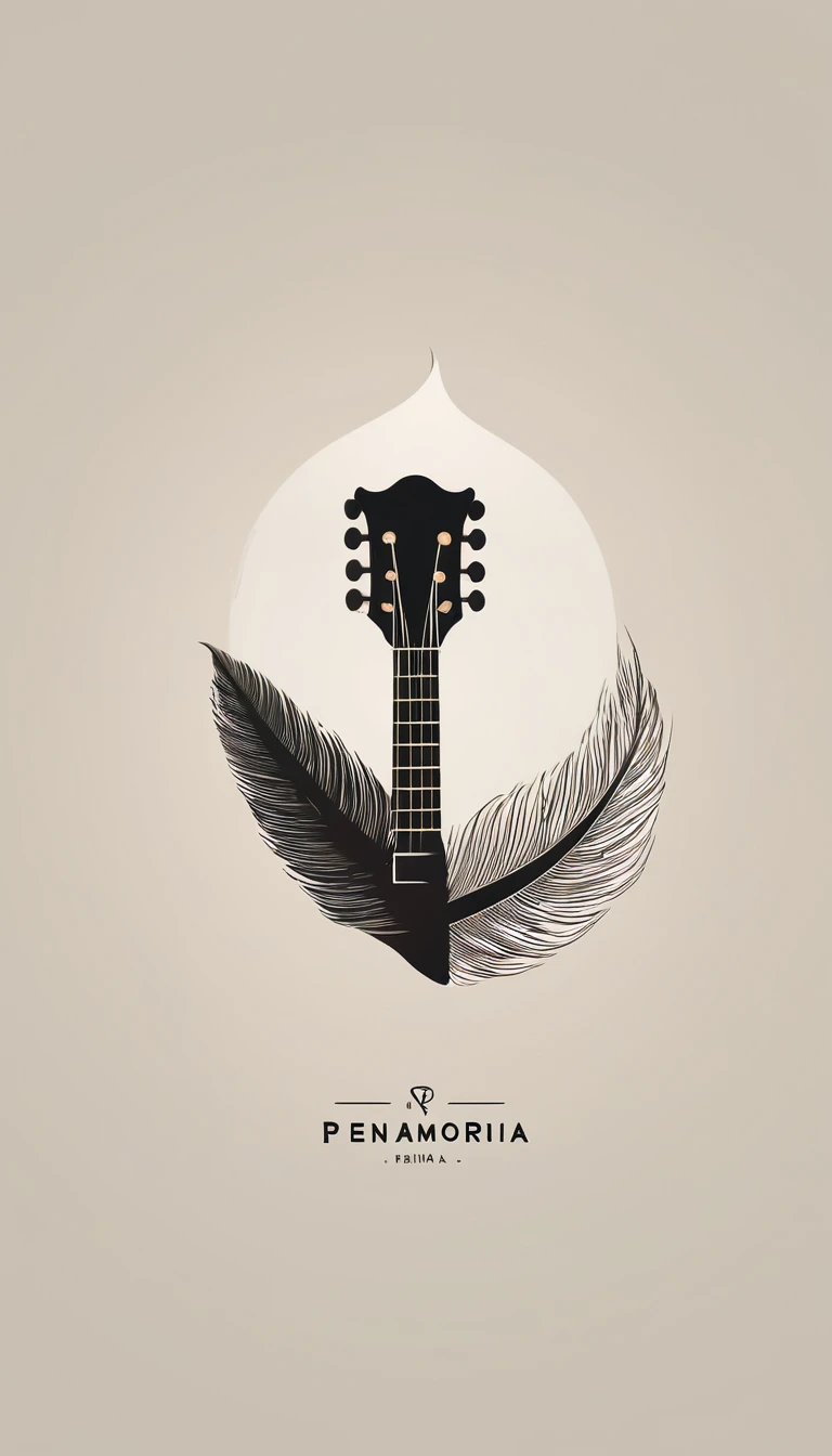 A minimal, modern, simple, cinematic logotype for the brand “Penamemoria". The logotype must be a simple, magical feather and a boy playing acoustic guitar. The logo must convey a sense of music, stories and dreams. Logo design impressed on a book cover. Minimalistic logo.