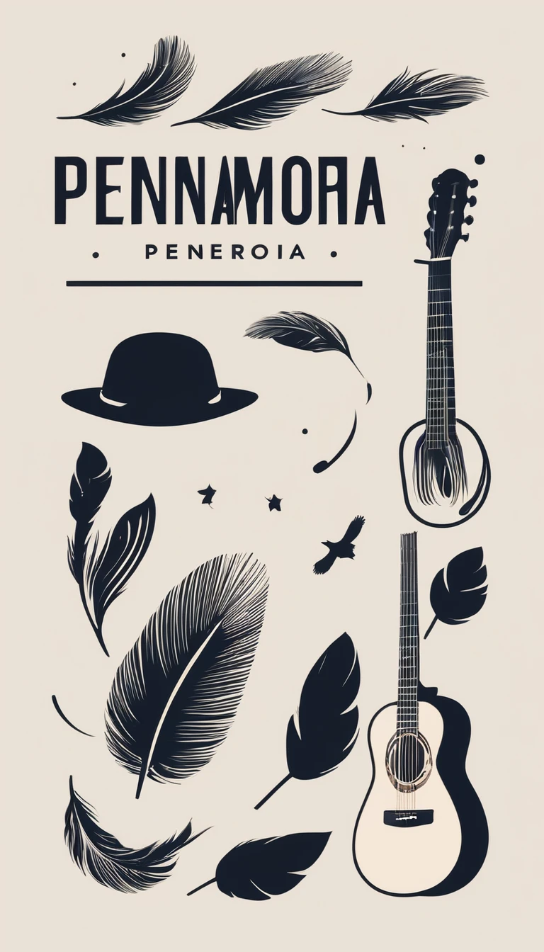A minimal, modern, simple, cinematic logotype for the brand “Penamemoria". The logotype must be a simple, magical feather and a boy playing acoustic guitar. The logo must convey a sense of music, stories and dreams. Logo design impressed on a book cover. Minimalistic logo.