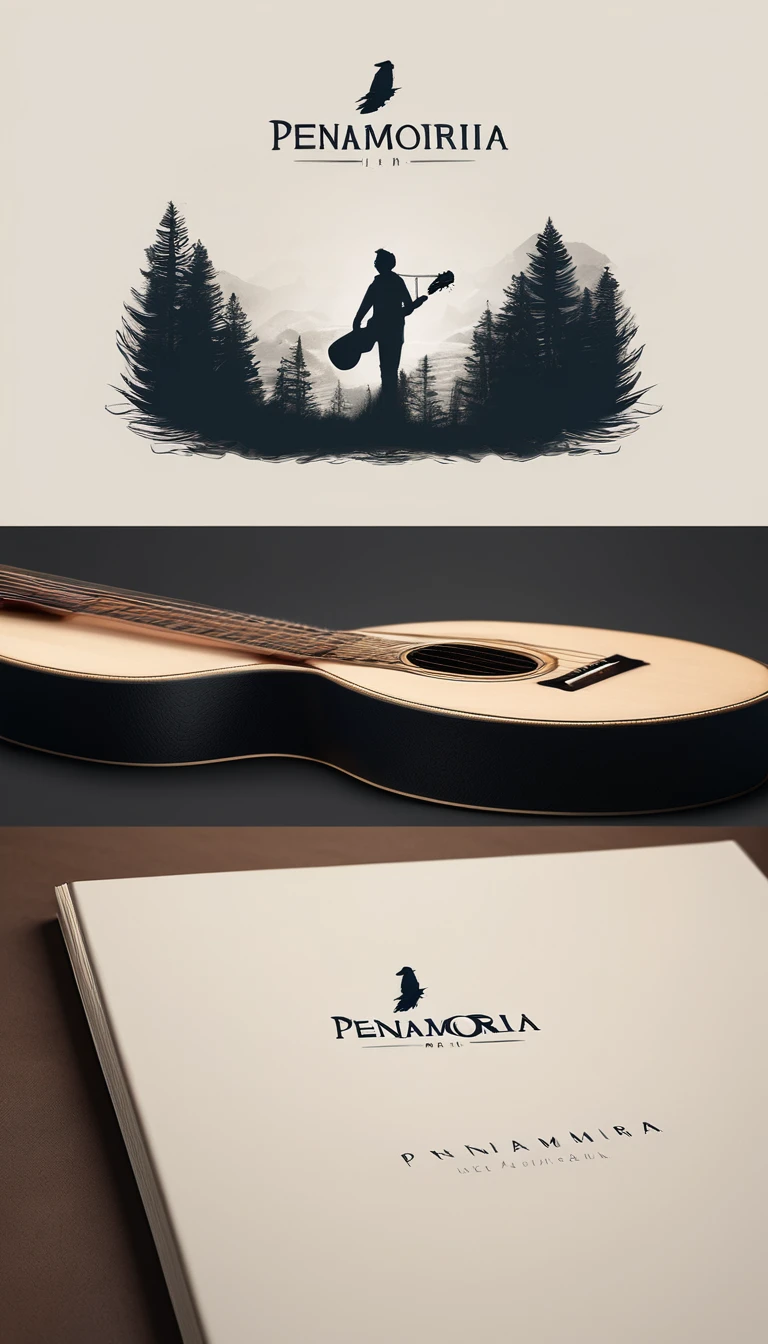 A minimal, modern, simple, cinematic logotype for the brand “Penamemoria". The logotype must be a simple, magical feather and a boy playing acoustic guitar. The logo must convey a sense of music, stories and dreams. Logo design impressed on a book cover. Minimalistic logo.