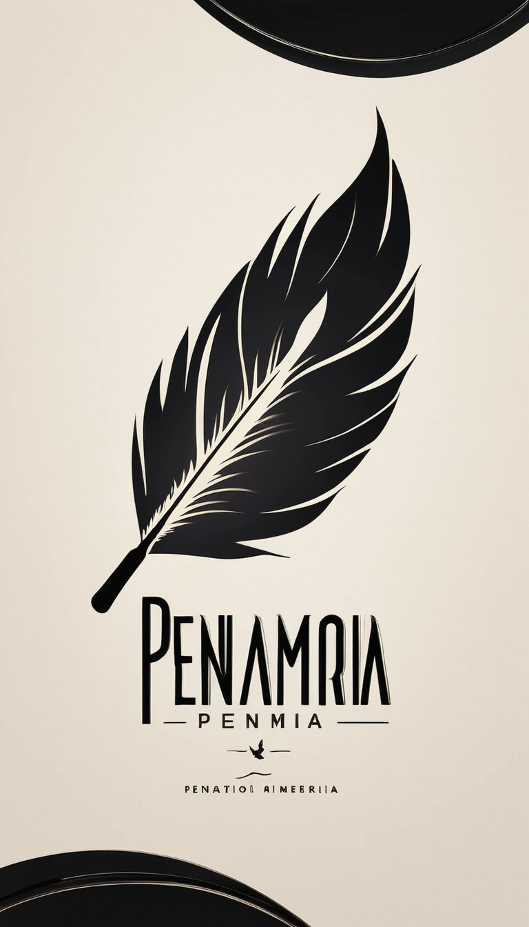 A minimal, modern, simple, cinematic logotype for the brand “Penamemoria". The logotype must be a simple, magical feather and a boy playing acoustic guitar. The logo must convey a sense of music, stories and dreams. Logo design impressed on a book cover. Minimalistic logo.