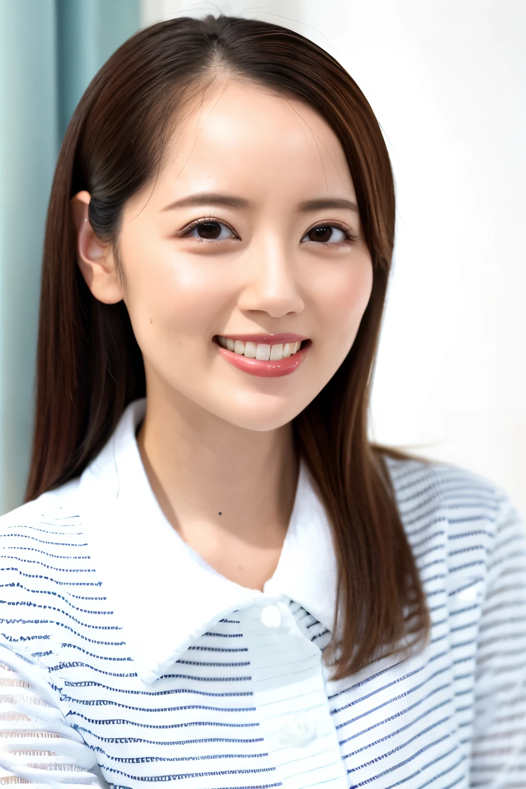 (Tabletop、Highest quality、、Award-winning works、Ultra-high resolution)、Face close-up、Perfect beautiful face、(Pure white background:1.1)、T-Shirts、perfect beautiful teeth、smile、Accurate anatomy、Ultra-HD perfect skin