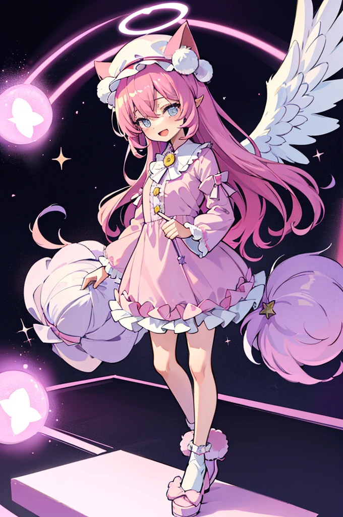 galaxy angel style,pastel,glitter,Angel shota,glowing halo,cat ears,pink long hair,angel wings,more add cuteness,
Wearing short-sleeved frilly pajamas, a hat with a pom-pom on the tip, and standing in a dark hallway at night,
sleepy eye,open mouth smile,Say good night,