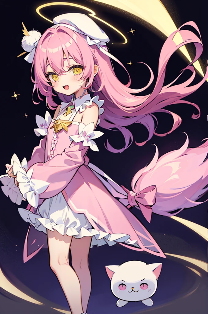 galaxy angel style,pastel,glitter,Angel shota,glowing halo,cat ears,pink long hair,angel wings,more add cuteness,
Wearing short-sleeved frilly pajamas, a hat with a pom-pom on the tip, and standing in a dark hallway at night,
sleepy eye,open mouth smile,Say good night,
