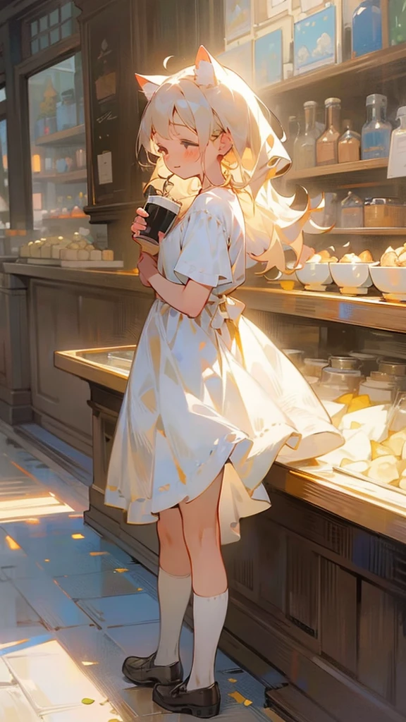 Masterpiece, extremely detailed, Ultra high graphics, High Resolution, 1girl, Cat girl standing in front of cafe, Holding a cup of coffee, tinny pretty girl, (lite brown white shiny hair: 1.2), a cat clips hair on the left, Eyes closing, happy blushing face, drinking a hot coffee with straw, has a tail on her, white shoes, white stocking, normal breast, has a brown ribbon on her shoulder,don't wear clothes,sexy,sex,show her ass