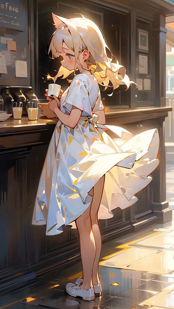 Masterpiece, extremely detailed, Ultra high graphics, High Resolution, 1girl, Cat girl standing in front of cafe, Holding a cup of coffee, tinny pretty girl, (lite brown white shiny hair: 1.2), a cat clips hair on the left, Eyes closing, happy blushing face, drinking a hot coffee with straw, has a tail on her, white shoes, white stocking, normal breast, has a brown ribbon on her shoulder,don't wear clothes,sexy,sex,show her ass