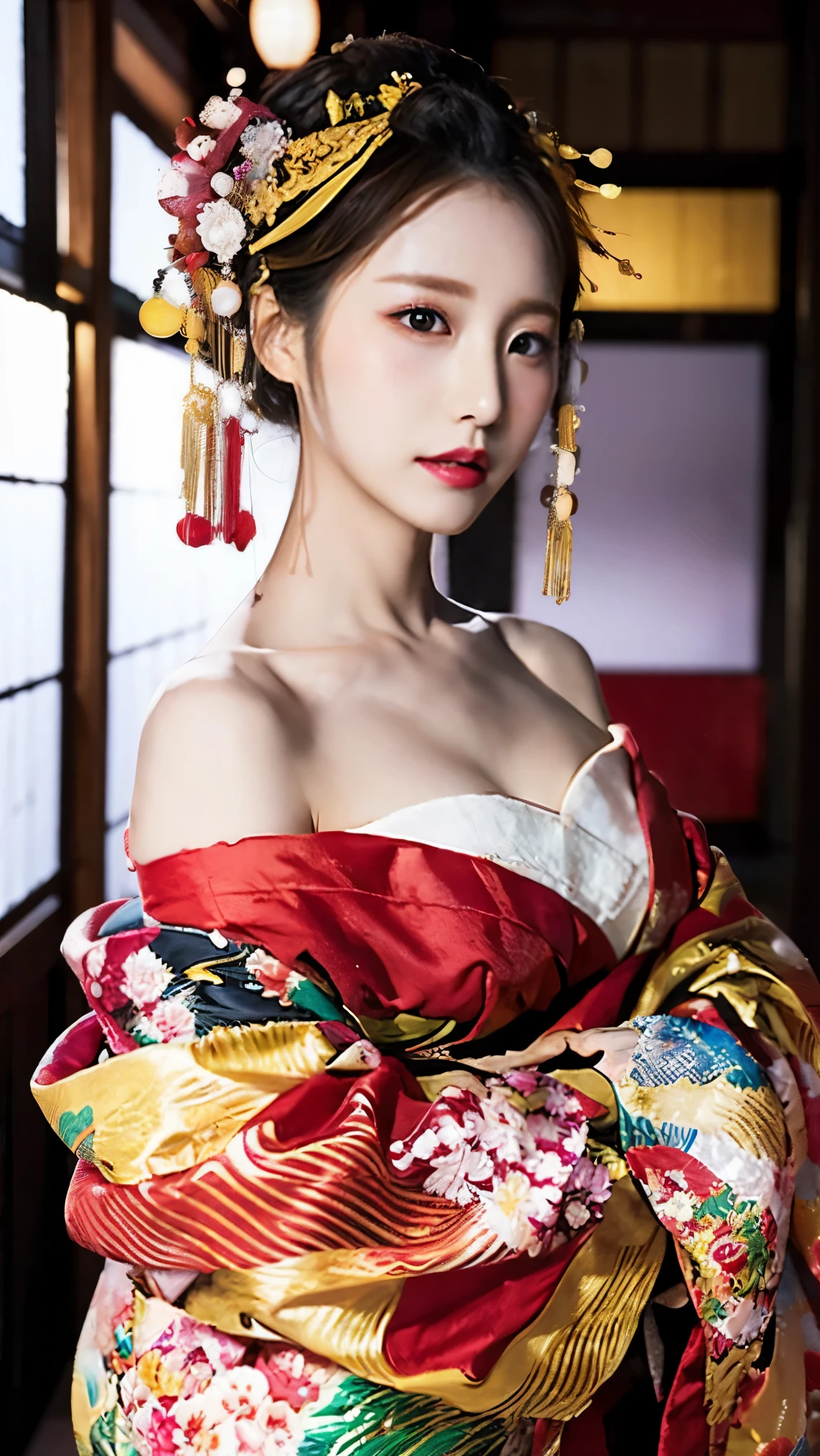 4K, masterpiece, High resolution, Confused,Natural volumetric lighting and great shadows, 笑face,deep i is written deep in the world,soft delicate beautiful attractive face, Beautiful Edge Courtesan_woman, a woman in a kimono posing for a picture ,Courtesan with perfect edge_face,Courtesan with perfect edge_body,edg oiran_Compensate,edg oiran_Hairstyle、Browsing Caution:1.5