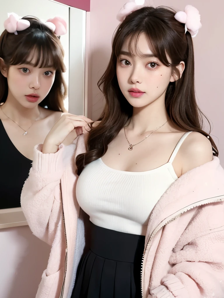 Kim Jennie with white brown hair, with curlers at the ends, with two bows on each side of the hair, all her hair white brown, with a star clip in her white brown hair, light colored eyes, pretty eyes, crying eyes, pretty, upturned nose, watery nose, Pretty lips, pink lips, heart and cupid shaped lip, pretty skin, pale, White skin, with moles and freckles all over his face, soft pink blush on the cheeks, natural pink blush, soft pink makeup, Jennie, nice neck, marked collar, frown, tender look, with a kiss necklace, a pretty kiss necklace, similar to Yumeko Jabami, while wearing a Crochet YK2, woolen, with a YK2 style brown mini skirt, while wearing a jacket with bear prints, while having a bare abdomen, Delgado, marked and pretty, (big breasts, soft breasts, nice breasts), while she is cosplaying the character Yumeko Jabami, The anime Kakegurui, While he is with a nice friend, looking to the camera
