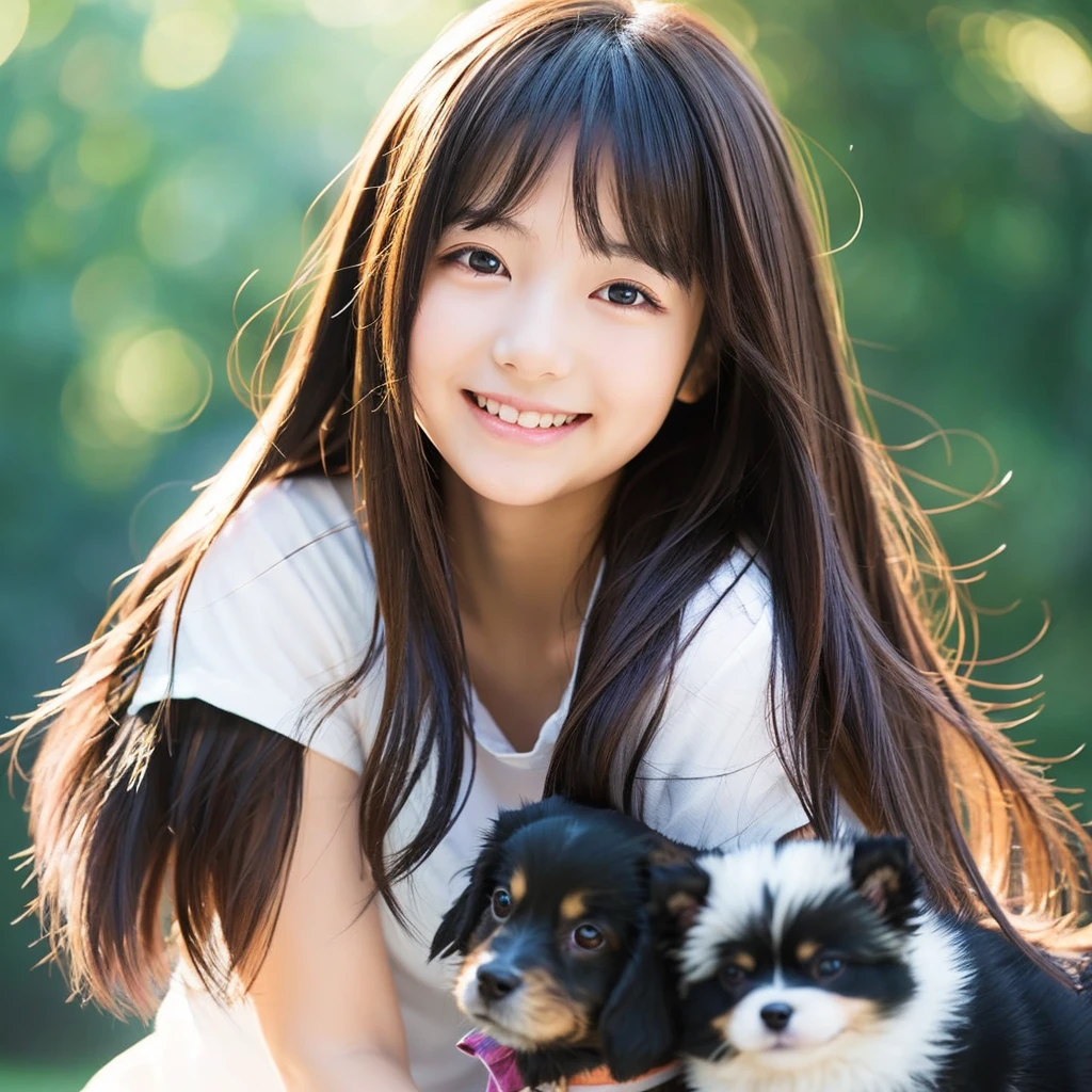 Create an anime-style portrait of a Japanese girl。Her hair is dark brown、Let it flow naturally。The girl has a gentle smile。She looks loving、Holding a cute dog、It&#39;s a scene that evokes warmth and camaraderie.。Background、It should be a blend of warm and cool colors that complement the overall composition.。She is wearing a light blue dress with intricate details.、Gives an elegant impression。The overall atmosphere of the piece is bright and attractive.、Capture the girl&#39;s kind and friendly personality。