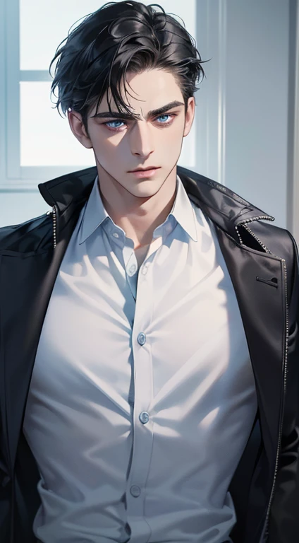 (best quality, masterpiece, 8K, photorealistic, cinematic lighting, 1:4 hdr image, ultra detailed, beautiful image), a mature man, 34 years very handsome, ((cold expression)), short black hair, blue eyes, face perfect without mistakes, ((buttoning his jacket, CEO))