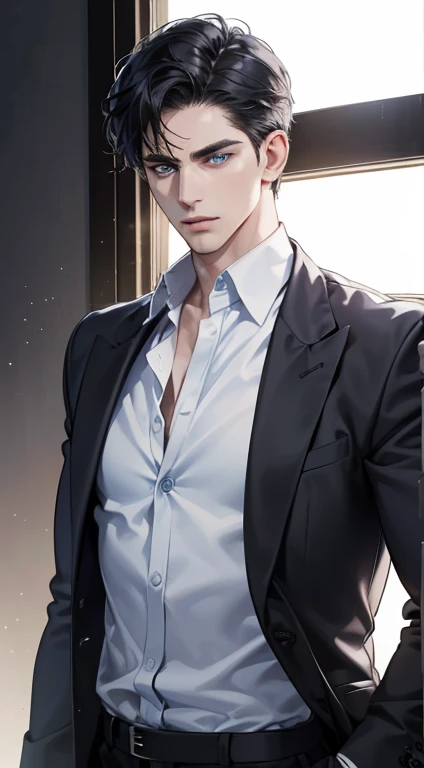 (best quality, masterpiece, 8K, photorealistic, cinematic lighting, 1:4 hdr image, ultra detailed, beautiful image), a mature man, 34 years very handsome, ((cold expression)), short black hair, blue eyes, face perfect without mistakes, ((buttoning his jacket, CEO))