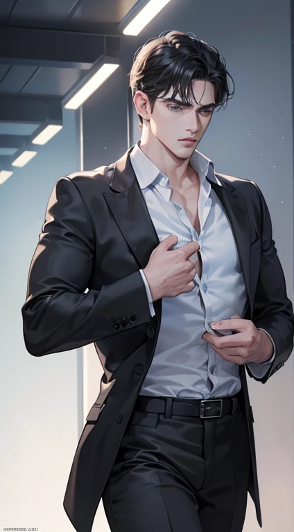 (best quality, masterpiece, 8K, photorealistic, cinematic lighting, 1:4 hdr image, ultra detailed, beautiful image), a mature man, 34 years very handsome, ((cold expression)), short black hair, blue eyes, face perfect without mistakes, ((buttoning his jacket, CEO))