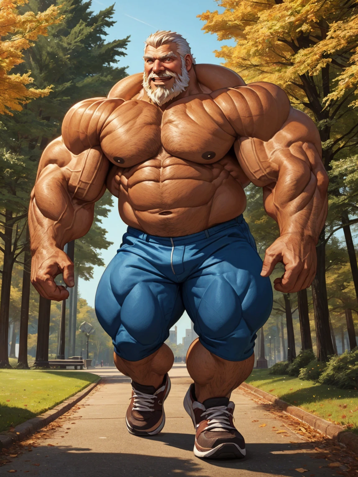 huge muscular old man running in park, white and short hair, white beard, old, old man, grandpa, (huge muscular), detailed muscles, 8k, masterpiece:1.2, hyper realistic, highly detailed full body, really big muscle, massive muscular, sixpack, thick arms, wide pectoral, super huge muscle, hyper muscular, over sized muscle, huge arms, big arms, huge pectoral, natural lighting wrinkled skin, happy expression