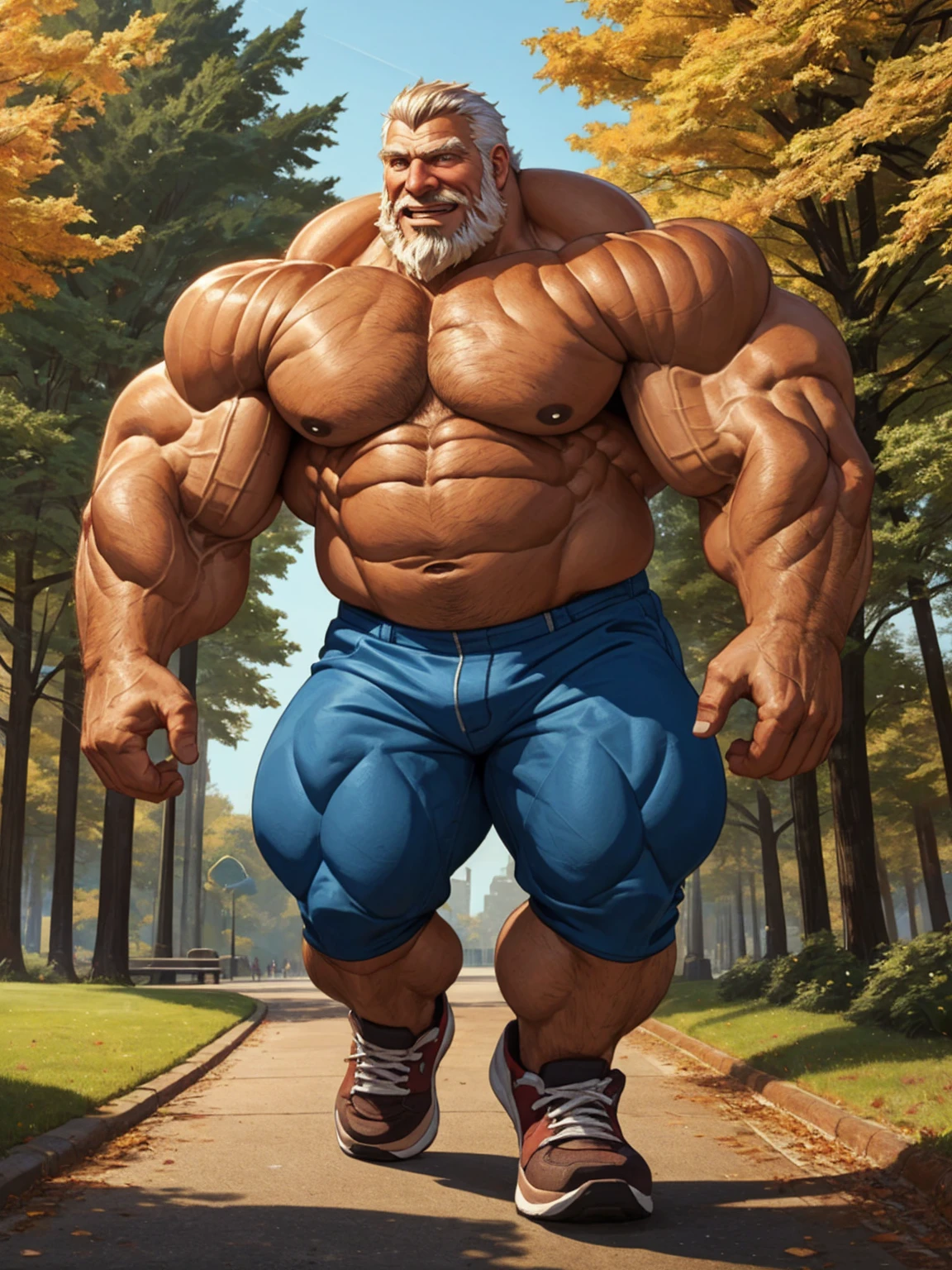 huge muscular old man running in park, white and short hair, white beard, old, old man, grandpa, (huge muscular), detailed muscles, 8k, masterpiece:1.2, hyper realistic, highly detailed full body, really big muscle, massive muscular, sixpack, thick arms, wide pectoral, super huge muscle, hyper muscular, over sized muscle, huge arms, big arms, huge pectoral, natural lighting wrinkled skin, happy expression