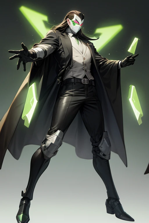 ((best quality)), ((masterpiece)), (detailed), 1 man, full body, 30s, masked, long brown hair slicked back, white superhero mask with green details, small diamond on forehead, glowing green eyes, black collar, tall, thin, long dark grey trench coat, open grey trench coat showing his chest, black gloves, grey wristbands, suit, white shirt, dark green suit vest, black pants, grey knee pads, metallic black shoes, belt, robot army behind him, floating, green flashes of light, background with green lights, anime