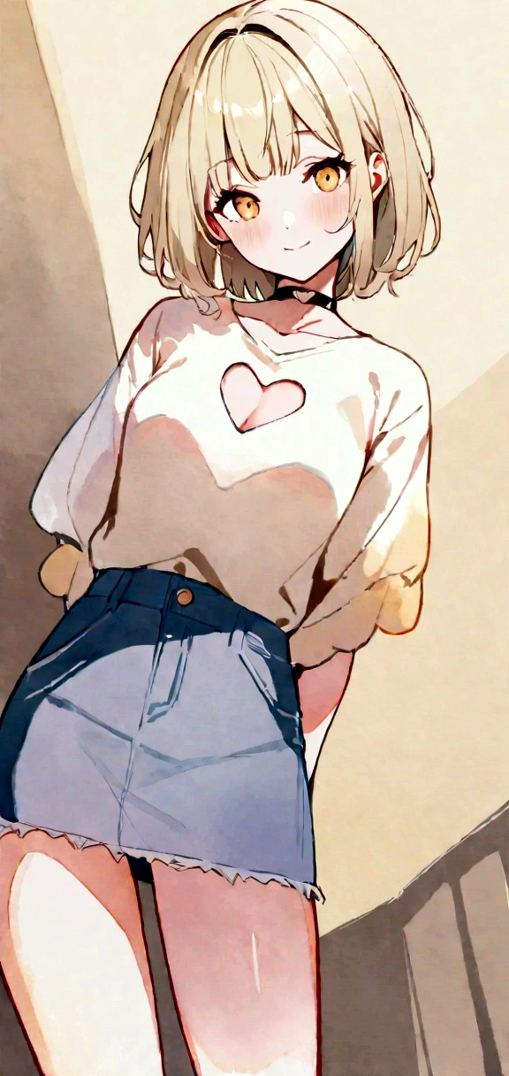 (Superflat, Flat Shading, flat-colors:1.1)、(Magazine Cover)、Illustrations、(Beautiful platinum blonde hair、short-hair、American boyish girl)、crotch open、Smiling、Draw so that the crotch cloth of the beige underwear is visible.、Skirt flipping、((Torn and tattered denim skirt、Beige panties))、Choker、When I look through the viewfinder、A bracelet、Thigh strap、Body Painting、Head tilt、8K resolution、intricate clothing、Intricate details、1girll、Solo、a blond、Standing、Cowboy Shot、Arms at sides、a miniskirt、Detailed panties、((from behind、hindquarters、heart cutout、hip incision))、Volumetric lighting、Soft light、Bright、neons、Vibrant colors、watercolor paiting、